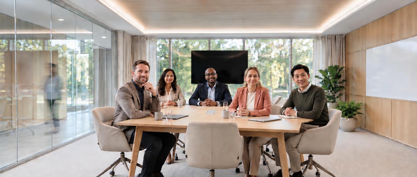 Fem personer i möte vid ett konferensbord, alla tittar mot kameran